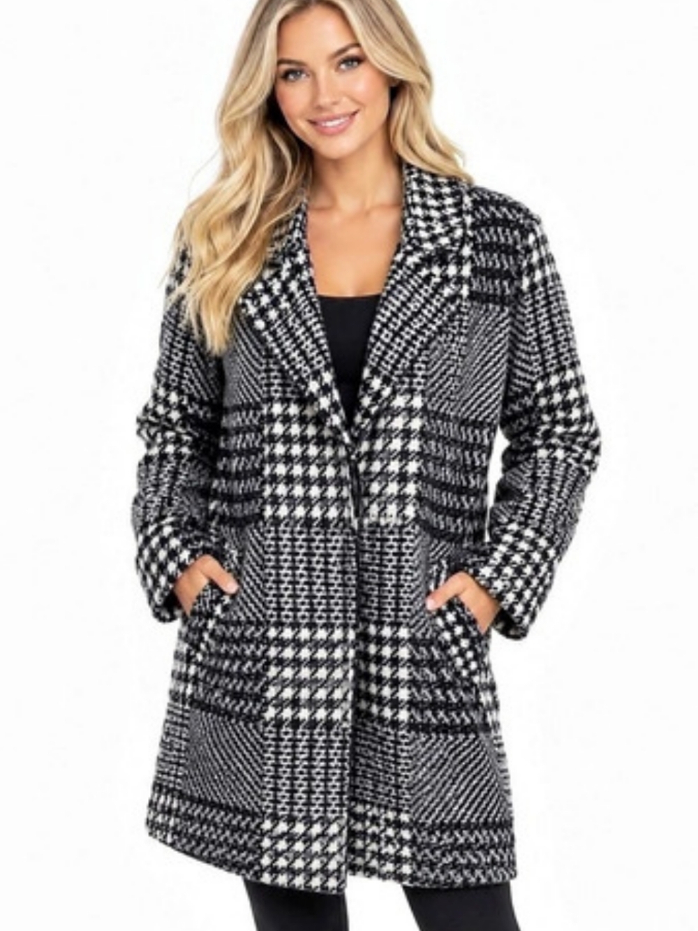 Cyrus Houndstooth Fuzzy Cardigan Sweater Coat in Black & White Size Medium